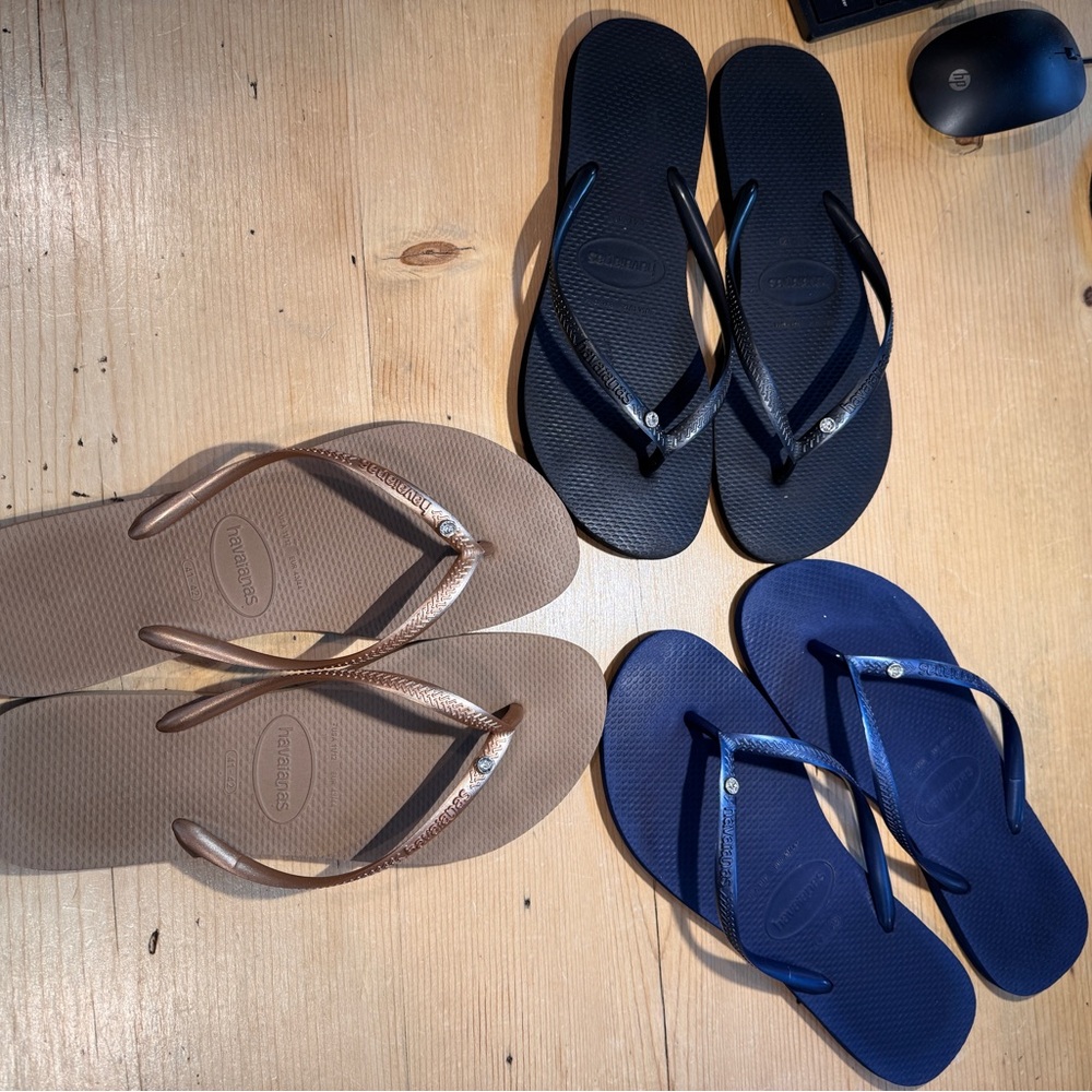 Havaianas Slim Crystal SW II Sandals, lot of 3 Blue,Black,Gold 9/10 41/42 Women